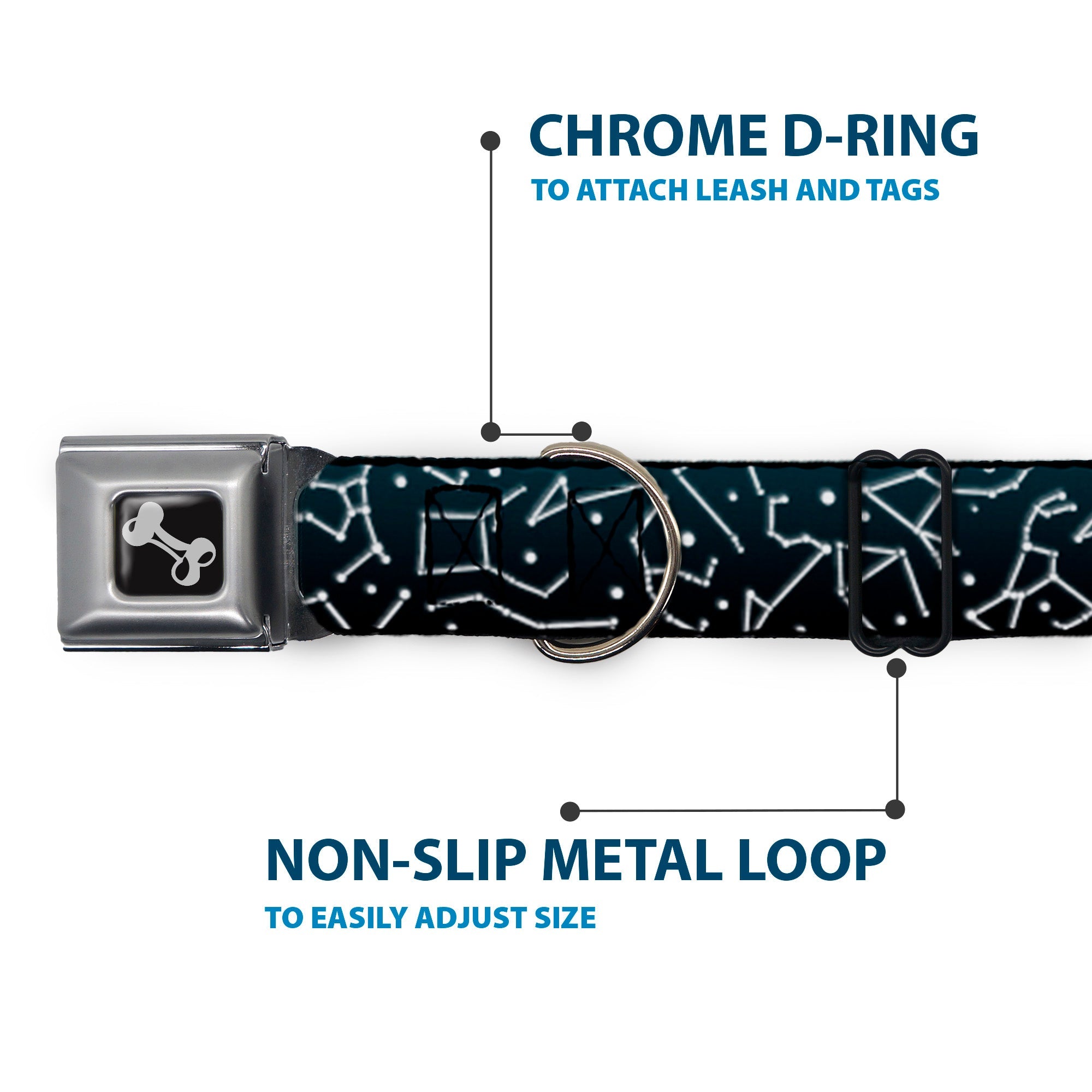 Dog Bone Black/Silver Seatbelt Buckle Collar - Constellations Scattered Midnight Blue/White