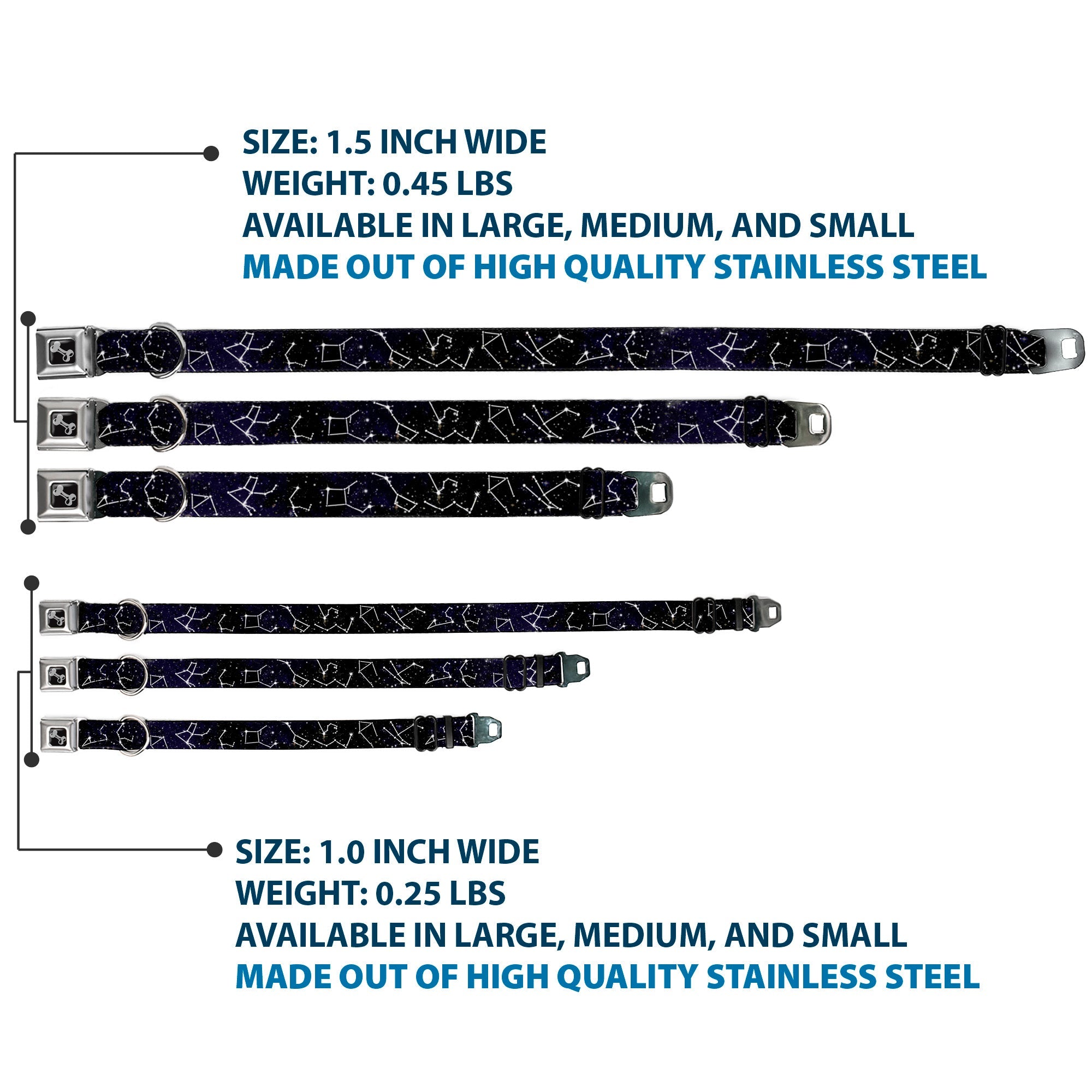 Dog Bone Black/Silver Seatbelt Buckle Collar - Constellations-14 Galaxy/White