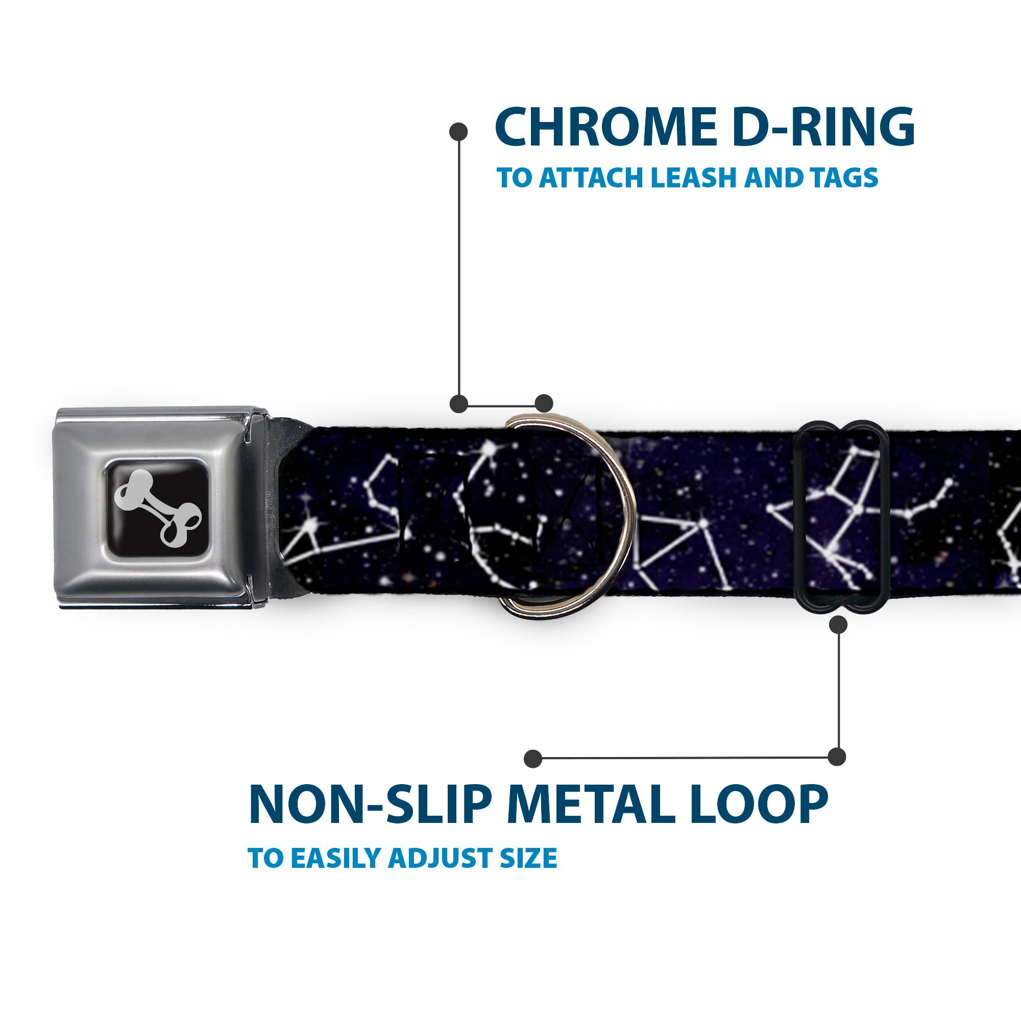 Dog Bone Black/Silver Seatbelt Buckle Collar - Constellations-14 Galaxy/White