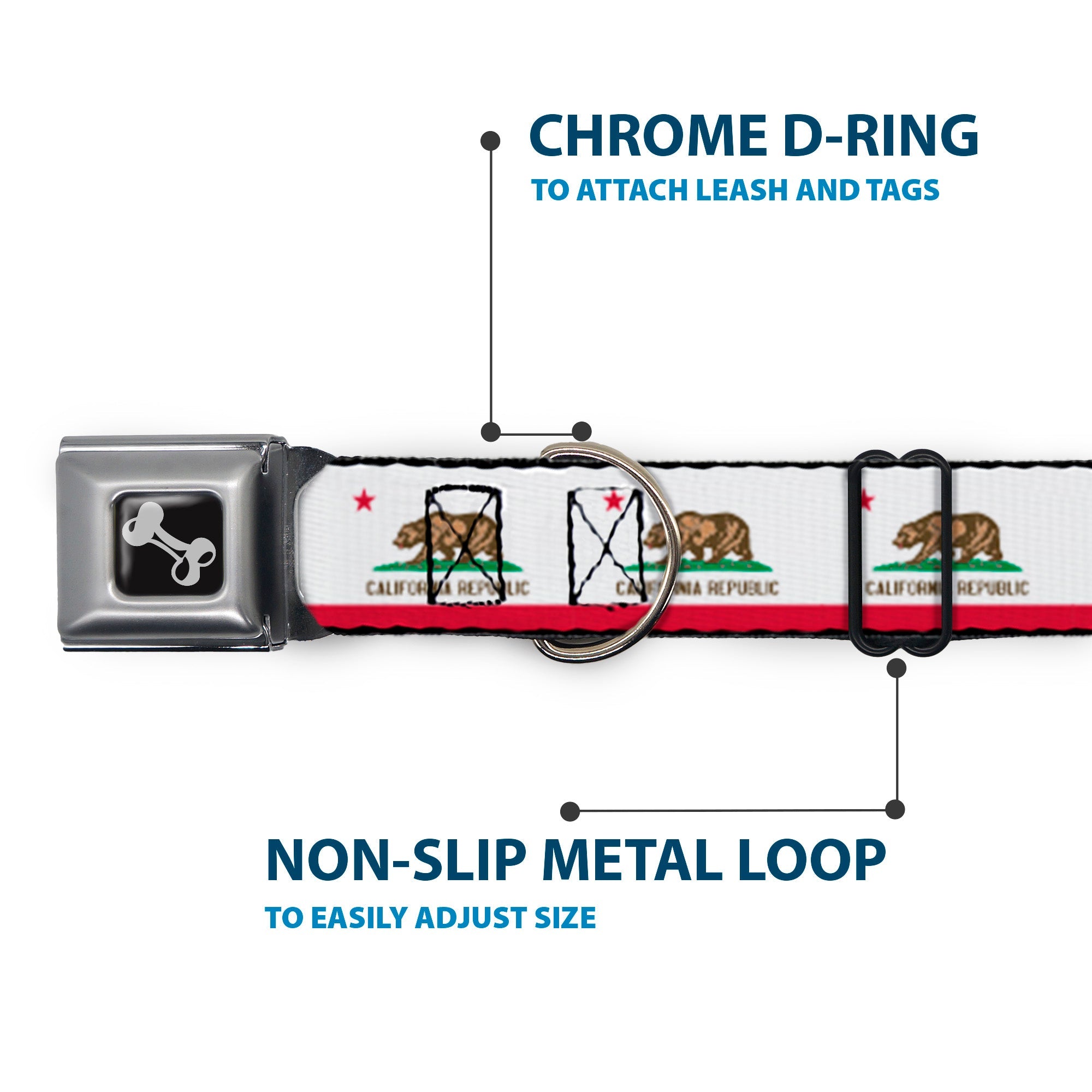 Dog Bone Black/Silver Seatbelt Buckle Collar - California Flag Continuous