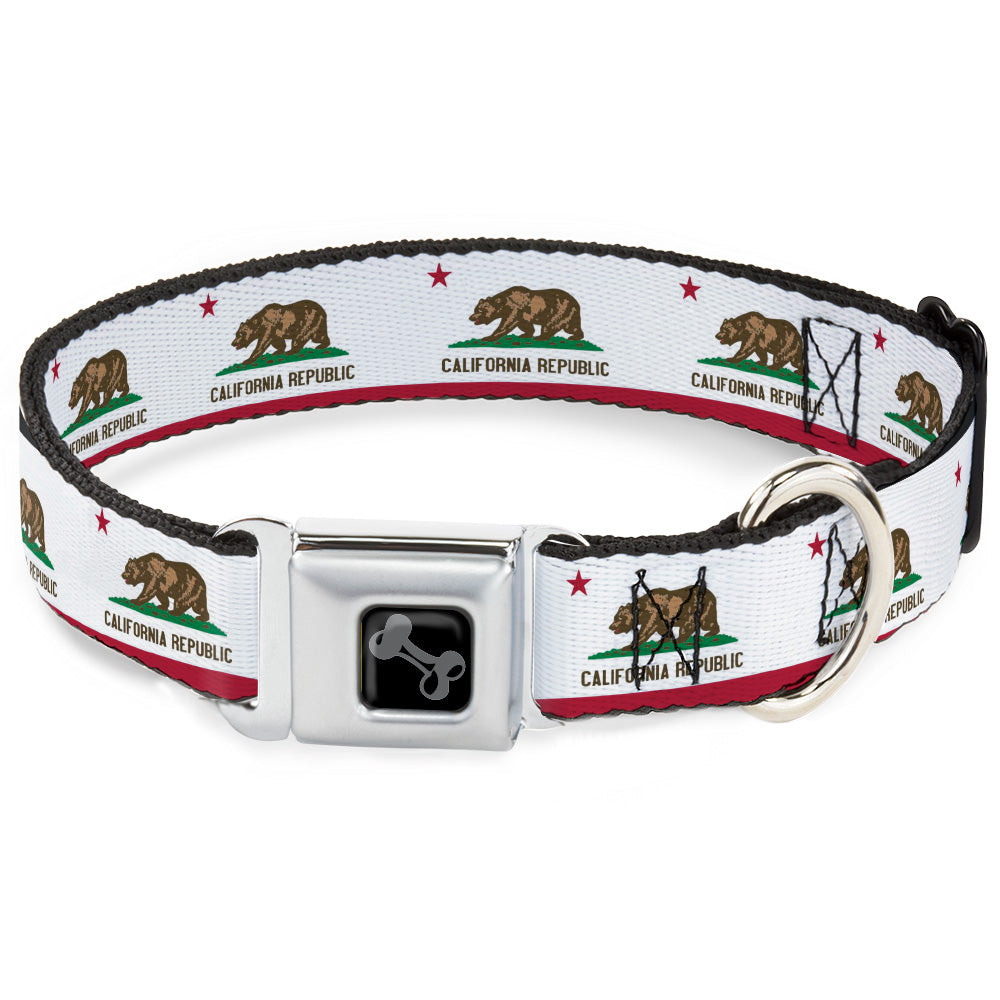 Dog Bone Black/Silver Seatbelt Buckle Collar - California Flag Continuous
