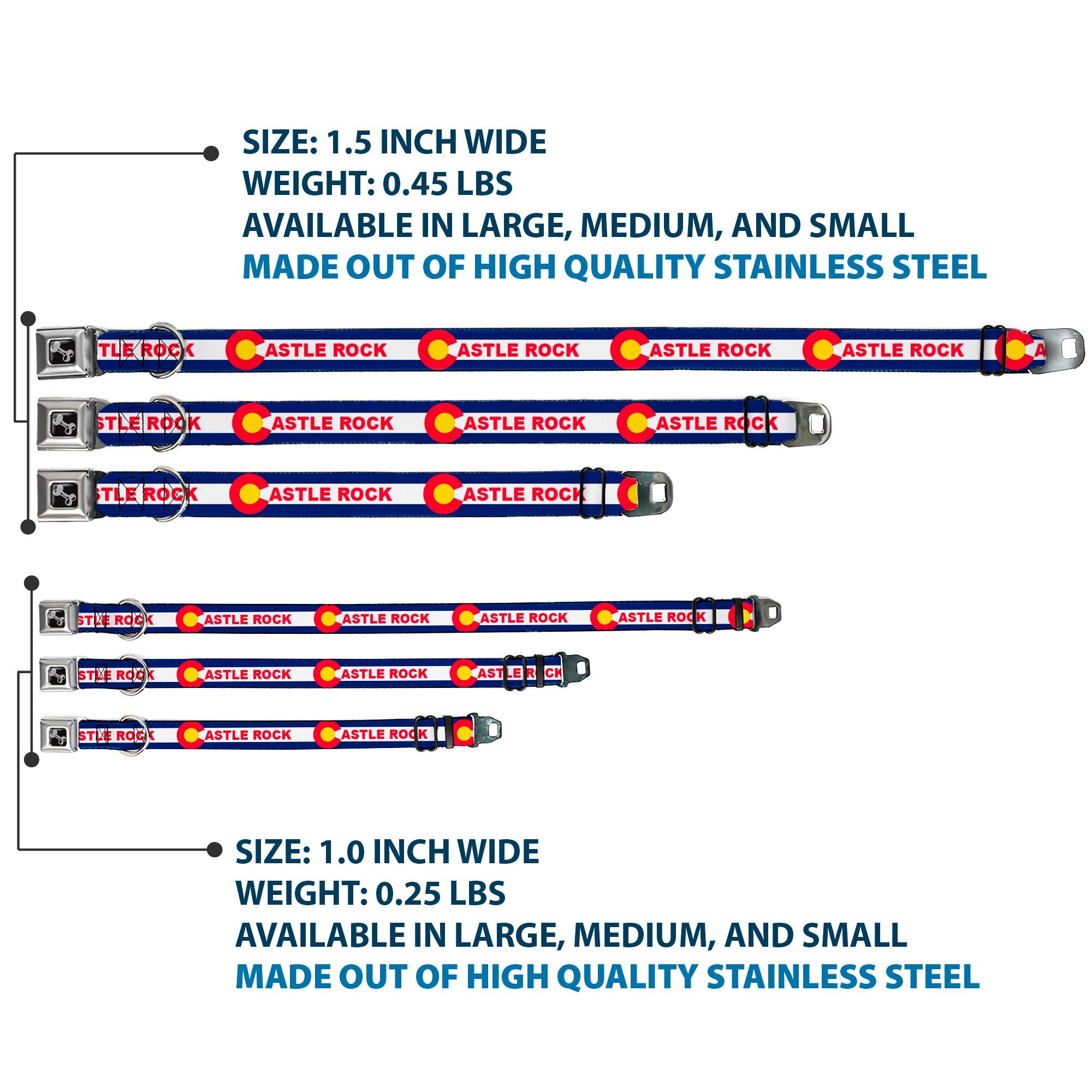 Dog Bone Black/Silver Seatbelt Buckle Collar - Colorado CASTLE ROCK Flag Blue/White/Red/Yellows