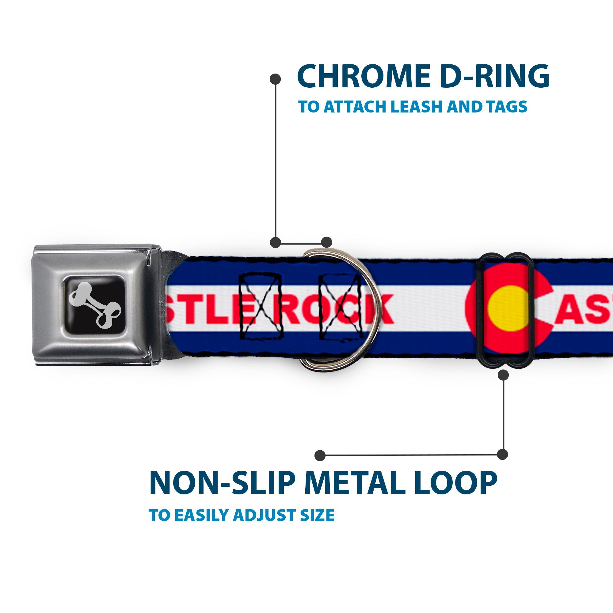 Dog Bone Black/Silver Seatbelt Buckle Collar - Colorado CASTLE ROCK Flag Blue/White/Red/Yellows
