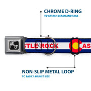 Dog Bone Black/Silver Seatbelt Buckle Collar - Colorado CASTLE ROCK Flag Blue/White/Red/Yellows