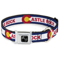 Load image into Gallery viewer, Dog Bone Black/Silver Seatbelt Buckle Collar - Colorado CASTLE ROCK Flag Blue/White/Red/Yellows
