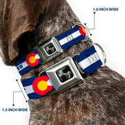 Dog Bone Black/Silver Seatbelt Buckle Collar - Colorado BOULDER Flag Blue/White/Red/Yellow