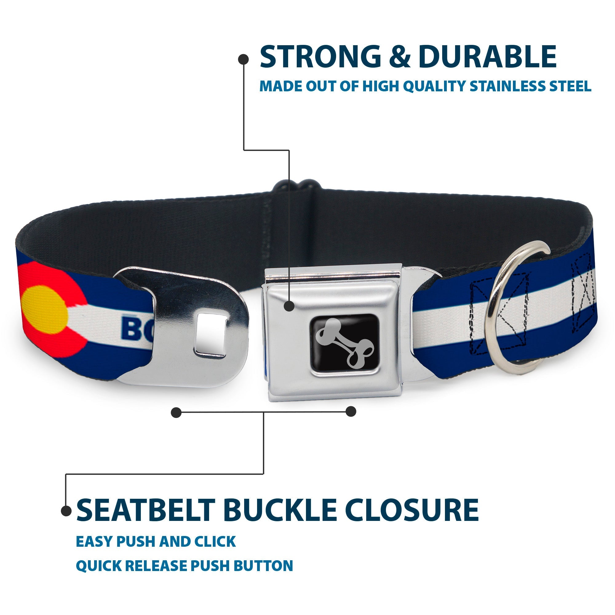 Dog Bone Black/Silver Seatbelt Buckle Collar - Colorado BOULDER Flag Blue/White/Red/Yellow