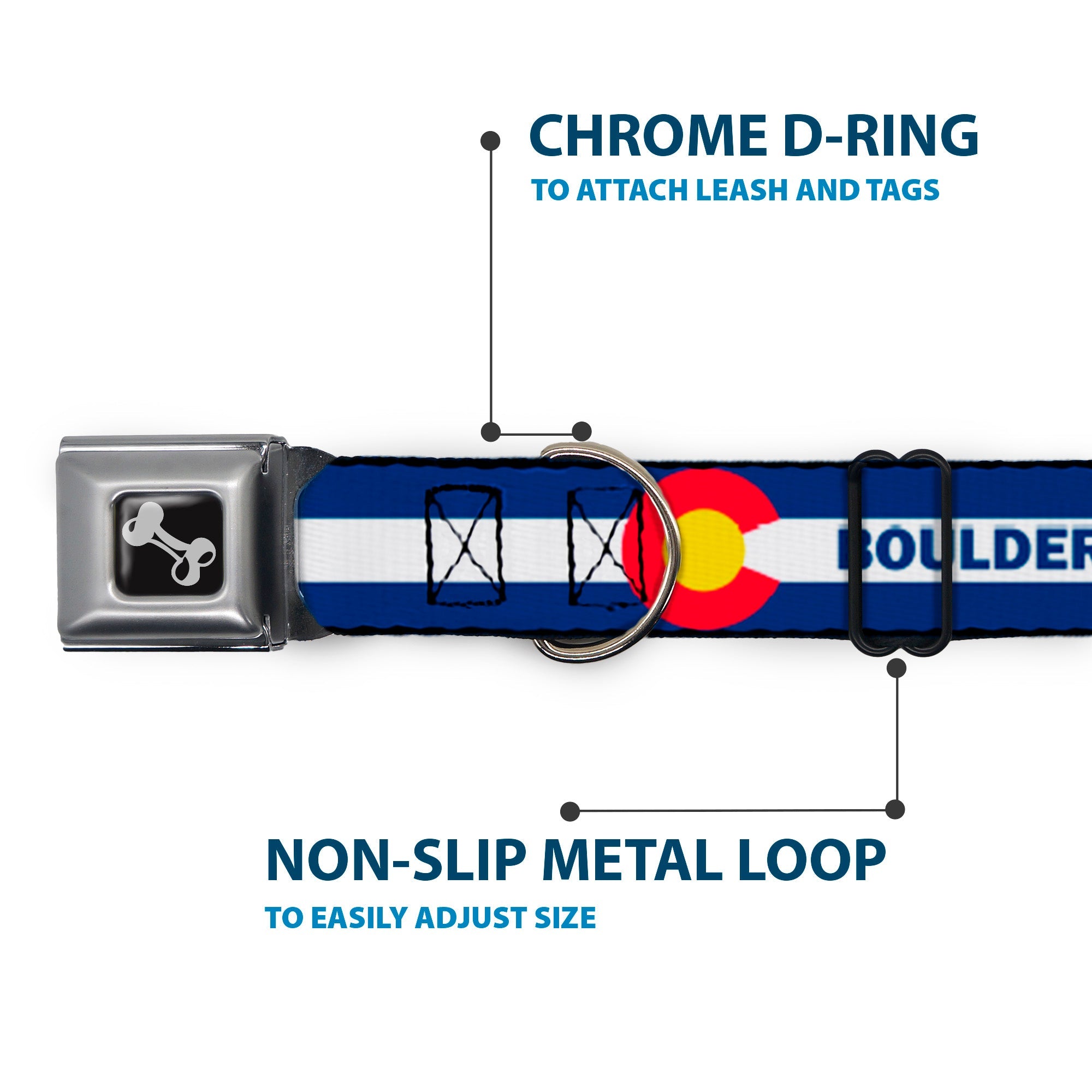 Dog Bone Black/Silver Seatbelt Buckle Collar - Colorado BOULDER Flag Blue/White/Red/Yellow