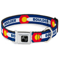Load image into Gallery viewer, Dog Bone Black/Silver Seatbelt Buckle Collar - Colorado BOULDER Flag Blue/White/Red/Yellow
