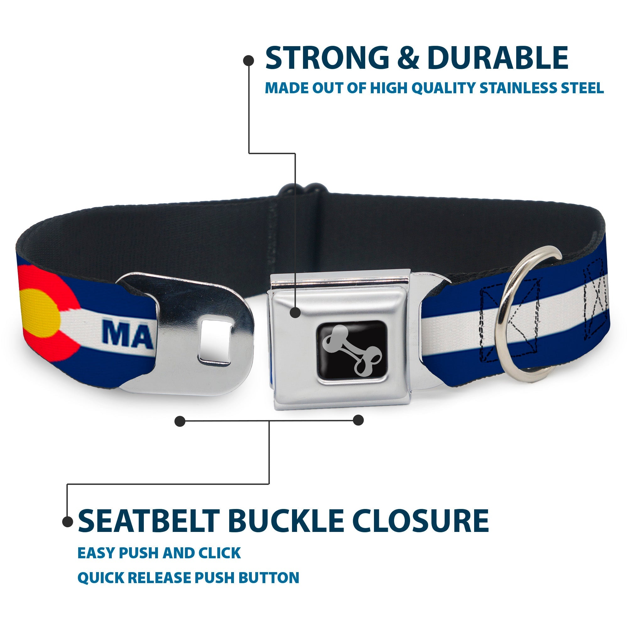Dog Bone Black/Silver Seatbelt Buckle Collar - Colorado MANITOU SPRINGS Flag Blue/White/Red/Yellow