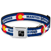 Dog Bone Black/Silver Seatbelt Buckle Collar - Colorado MANITOU SPRINGS Flag Blue/White/Red/Yellow