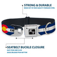 Load image into Gallery viewer, Dog Bone Black/Silver Seatbelt Buckle Collar - COLORADO Text Flag Blue/White/Red/Yellow
