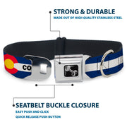 Dog Bone Black/Silver Seatbelt Buckle Collar - COLORADO Text Flag Blue/White/Red/Yellow