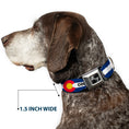 Load image into Gallery viewer, Dog Bone Black/Silver Seatbelt Buckle Collar - COLORADO Text Flag Blue/White/Red/Yellow
