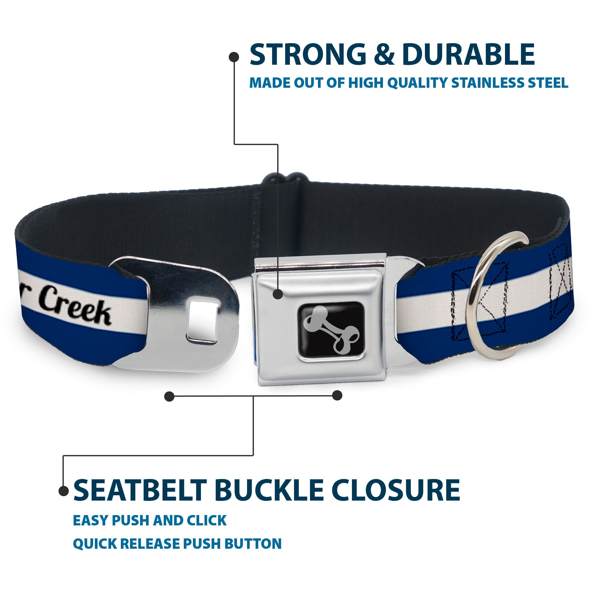 Dog Bone Black/Silver Seatbelt Buckle Collar - Colorado BEAVER CREEK Flag Blue/White/Red/Yellow