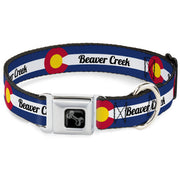 Dog Bone Black/Silver Seatbelt Buckle Collar - Colorado BEAVER CREEK Flag Blue/White/Red/Yellow