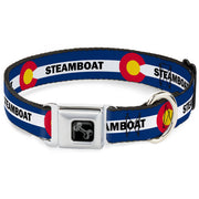 Dog Bone Black/Silver Seatbelt Buckle Collar - Colorado STEAMBOAT Flag Blue/White/Red/Yellow