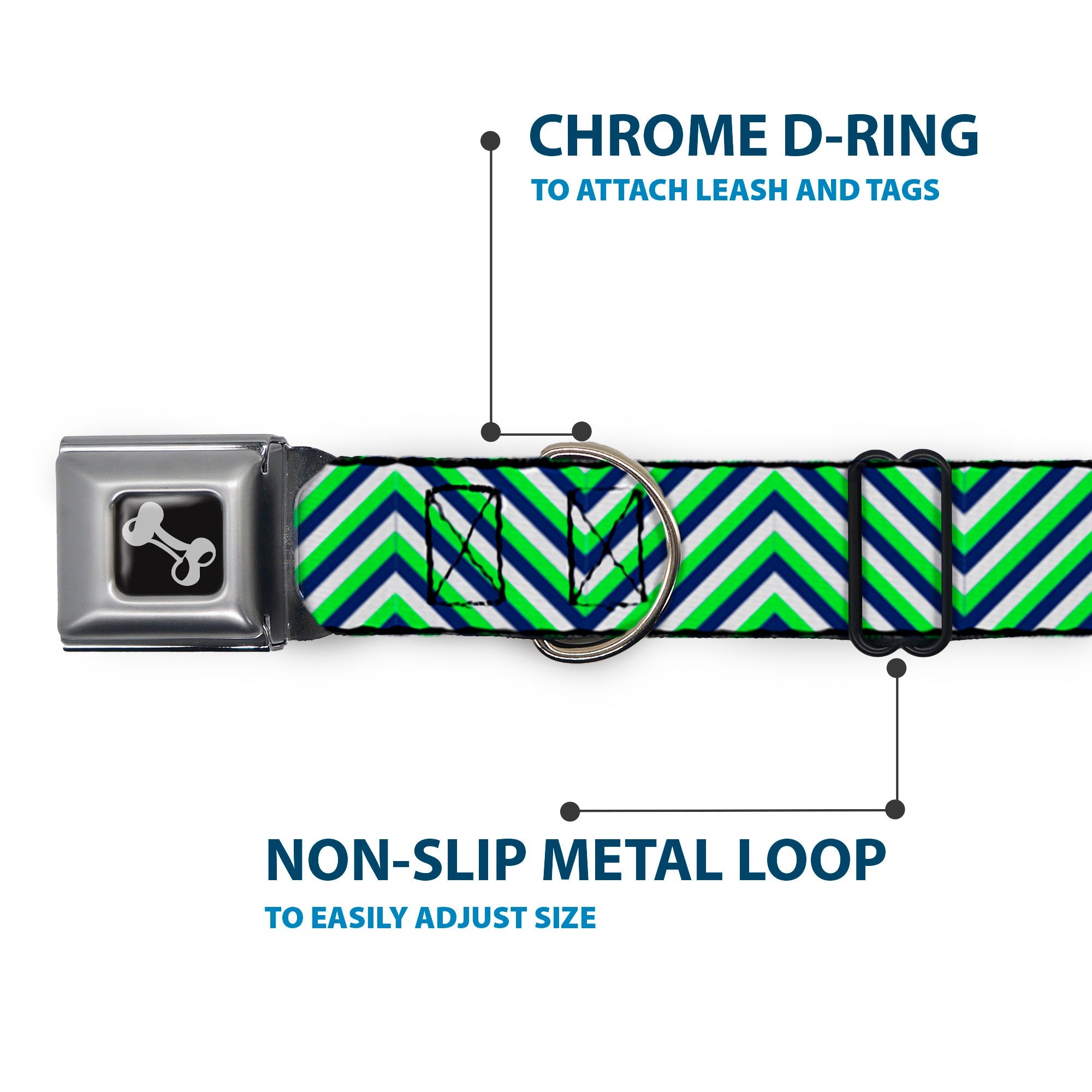 Dog Bone Black/Silver Seatbelt Buckle Collar - Chevron  Stripe White/Neon Green/Navy