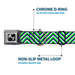Dog Bone Black/Silver Seatbelt Buckle Collar - Chevron  Stripe White/Neon Green/Navy