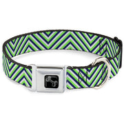 Dog Bone Black/Silver Seatbelt Buckle Collar - Chevron  Stripe White/Neon Green/Navy