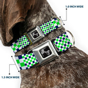 Dog Bone Black/Silver Seatbelt Buckle Collar - Checker Blocks White/Navy/Neon Green