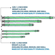 Dog Bone Black/Silver Seatbelt Buckle Collar - Checker Blocks White/Navy/Neon Green