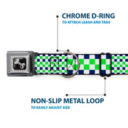 Dog Bone Black/Silver Seatbelt Buckle Collar - Checker Blocks White/Navy/Neon Green