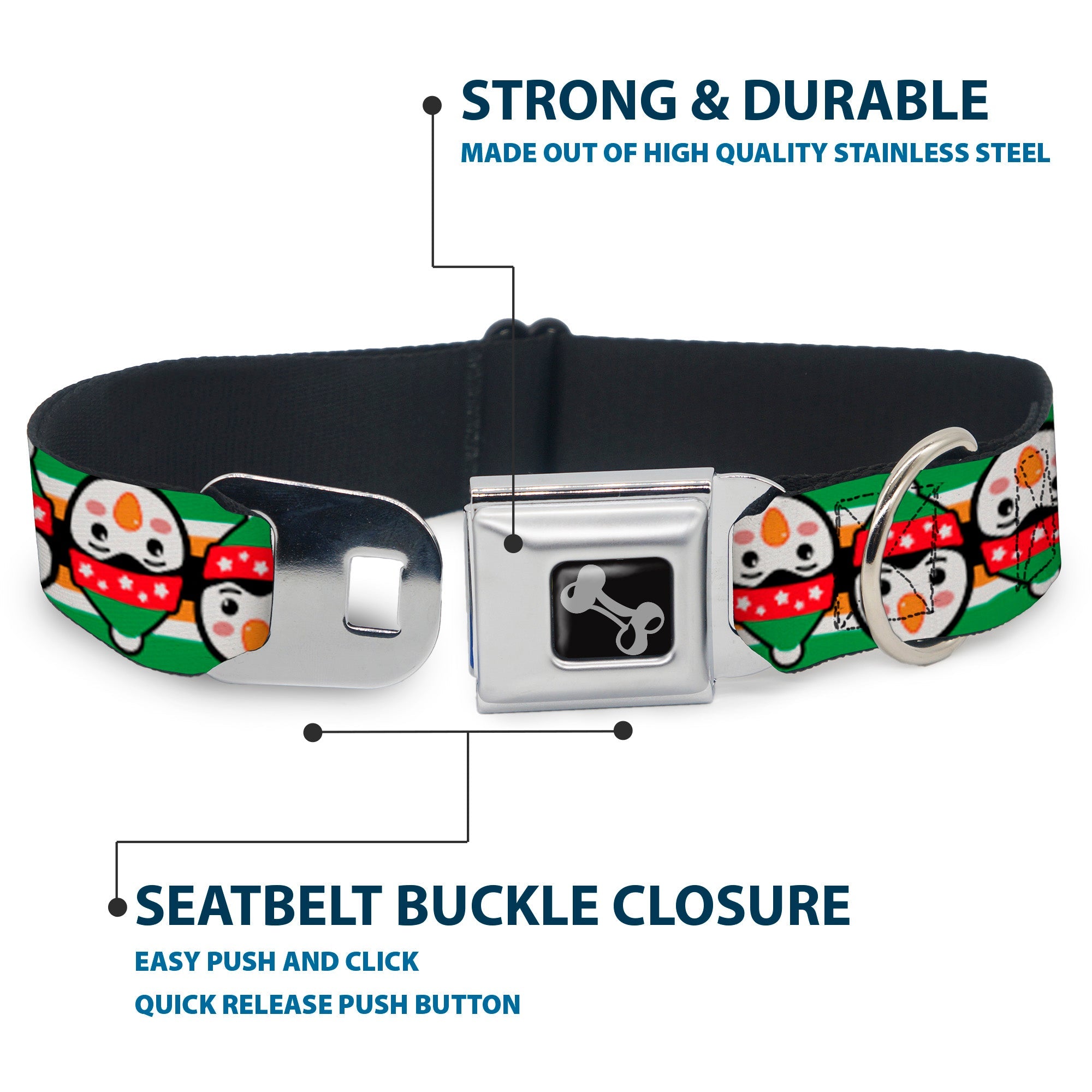 Dog Bone Black/Silver Seatbelt Buckle Collar - Christmas Penguin Flip/Stripe Green/White/Orange/Black