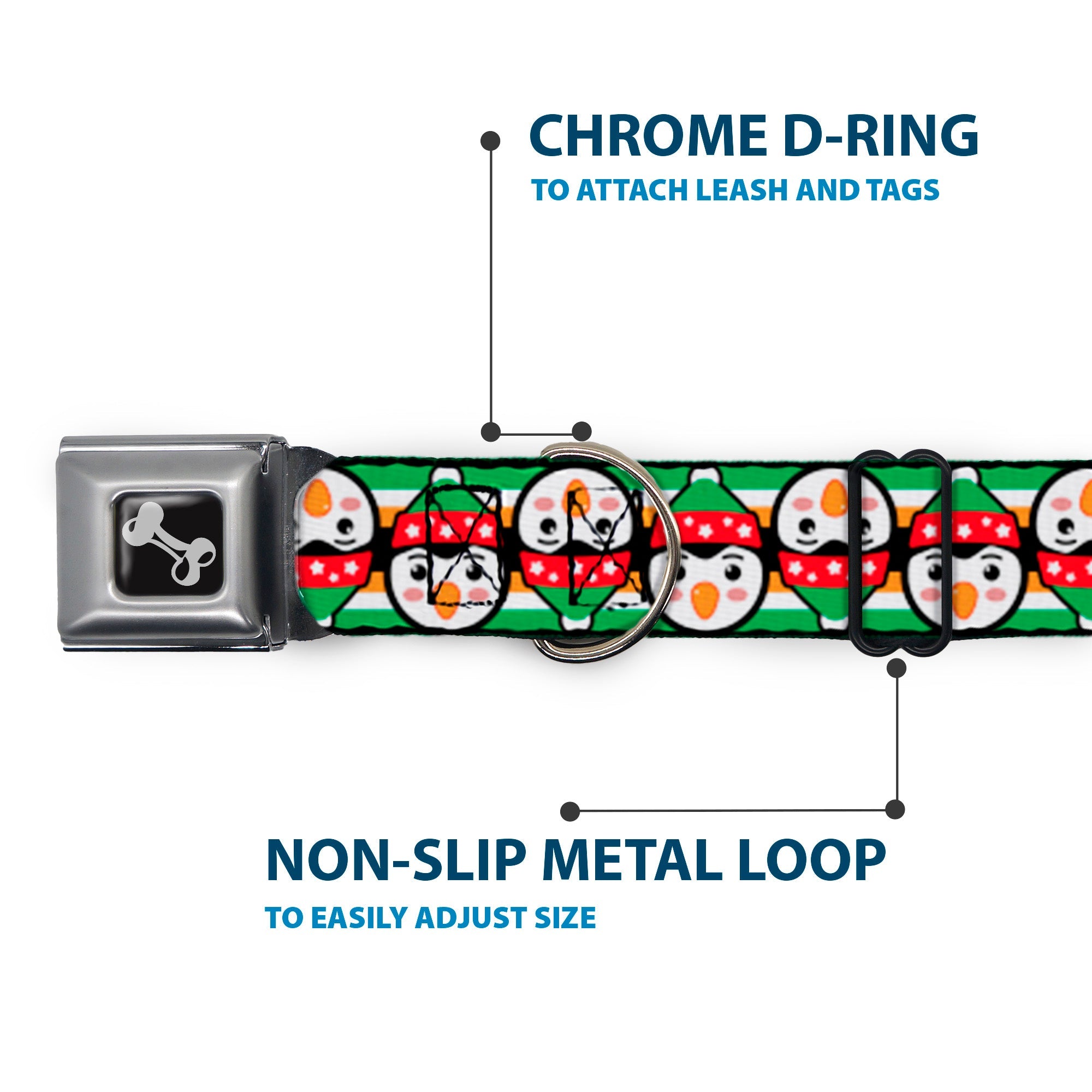 Dog Bone Black/Silver Seatbelt Buckle Collar - Christmas Penguin Flip/Stripe Green/White/Orange/Black