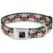 Dog Bone Black/Silver Seatbelt Buckle Collar - Christmas Penguin Flip/Stripe Green/White/Orange/Black