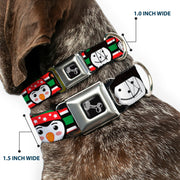 Dog Bone Black/Silver Seatbelt Buckle Collar - Christmas Penguin/Reindeer/Snowman Stripe Red/White/Black/Green