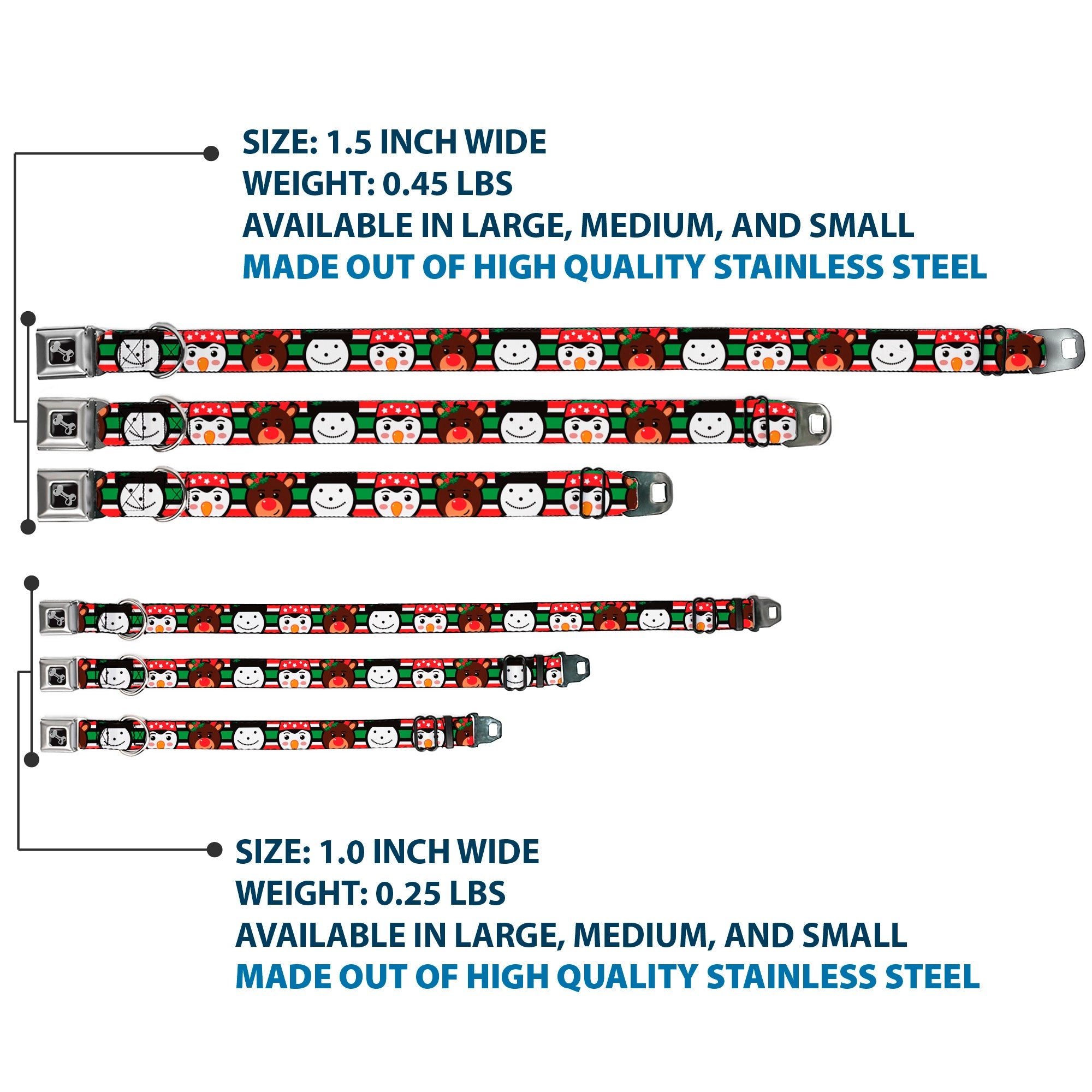 Dog Bone Black/Silver Seatbelt Buckle Collar - Christmas Penguin/Reindeer/Snowman Stripe Red/White/Black/Green