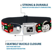Dog Bone Black/Silver Seatbelt Buckle Collar - Christmas Penguin/Reindeer/Snowman Stripe Red/White/Black/Green