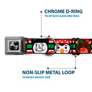 Dog Bone Black/Silver Seatbelt Buckle Collar - Christmas Penguin/Reindeer/Snowman Stripe Red/White/Black/Green
