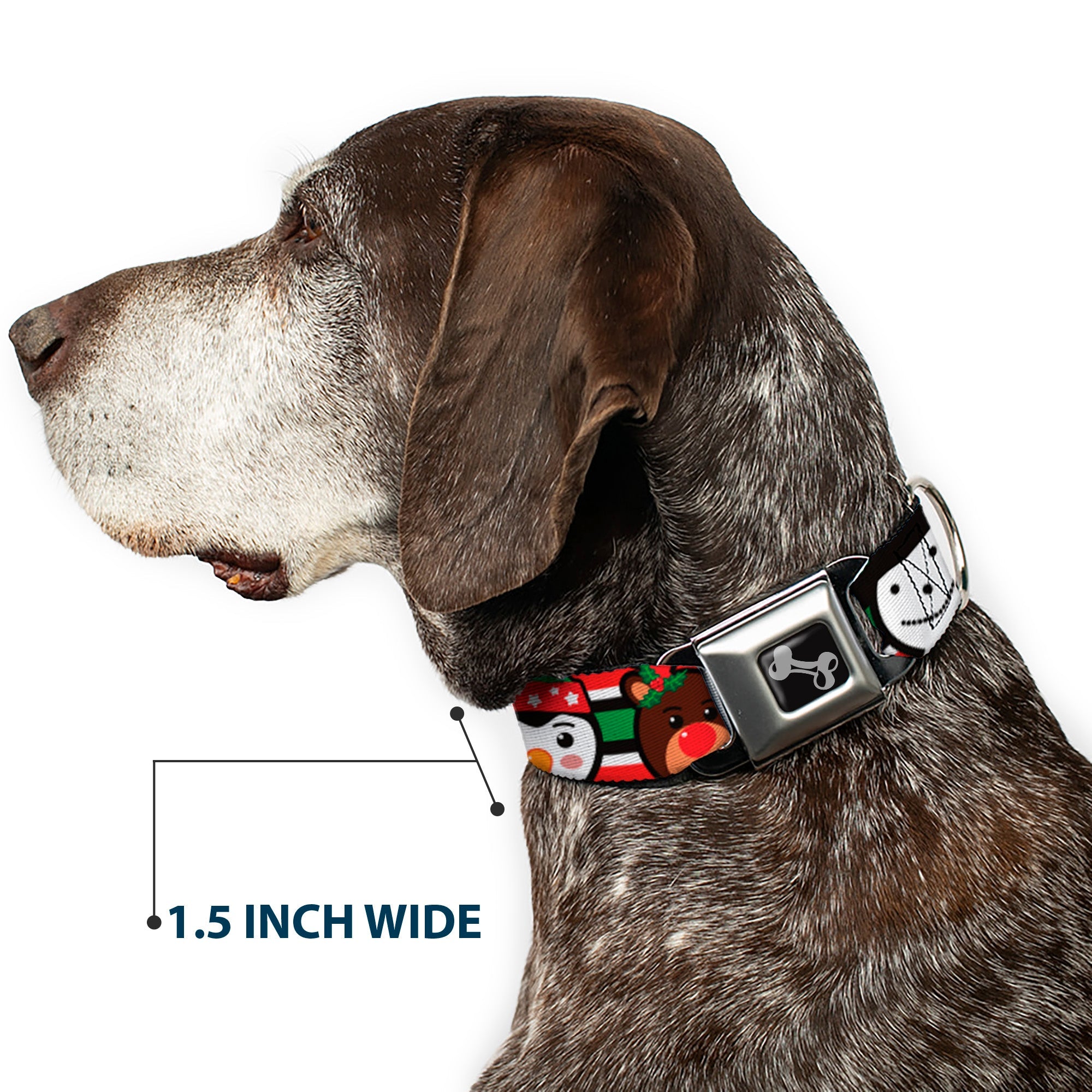 Dog Bone Black/Silver Seatbelt Buckle Collar - Christmas Penguin/Reindeer/Snowman Stripe Red/White/Black/Green