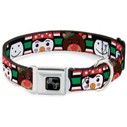 Dog Bone Black/Silver Seatbelt Buckle Collar - Christmas Penguin/Reindeer/Snowman Stripe Red/White/Black/Green