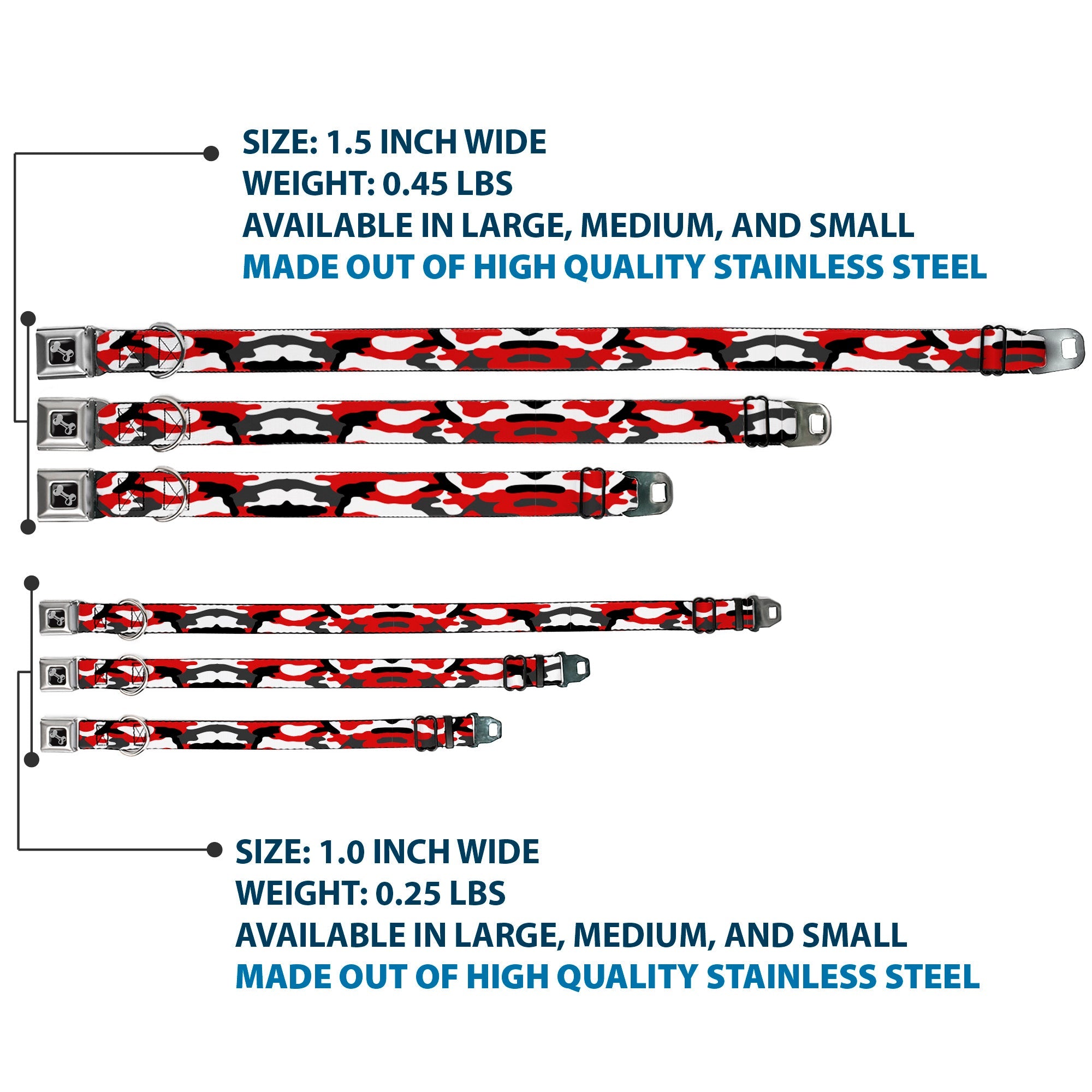 Dog Bone Black/Silver Seatbelt Buckle Collar - Camo Red/Black/Gray/White