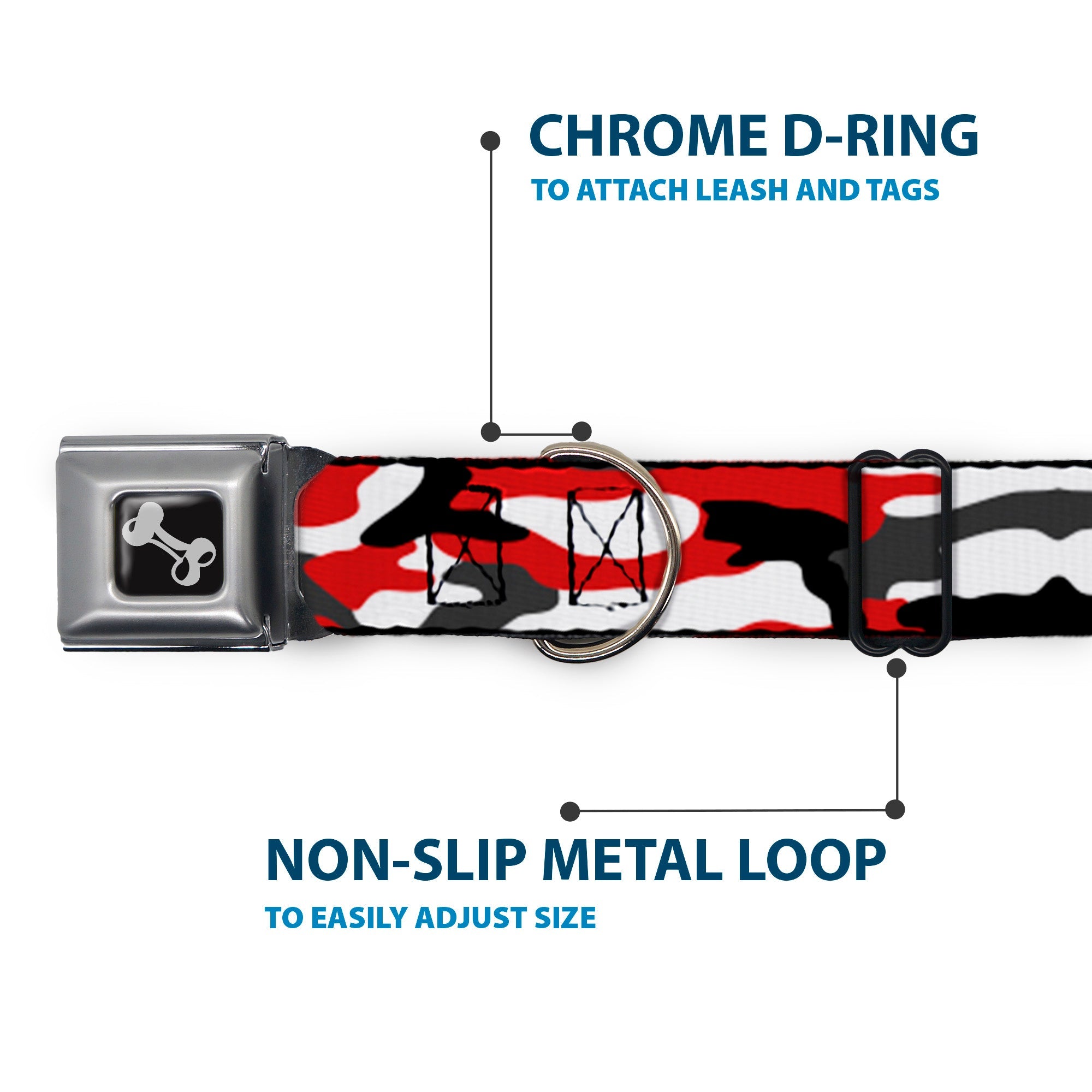 Dog Bone Black/Silver Seatbelt Buckle Collar - Camo Red/Black/Gray/White