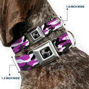 Dog Bone Black/Silver Seatbelt Buckle Collar - Camo Purple/Black/Gray/White