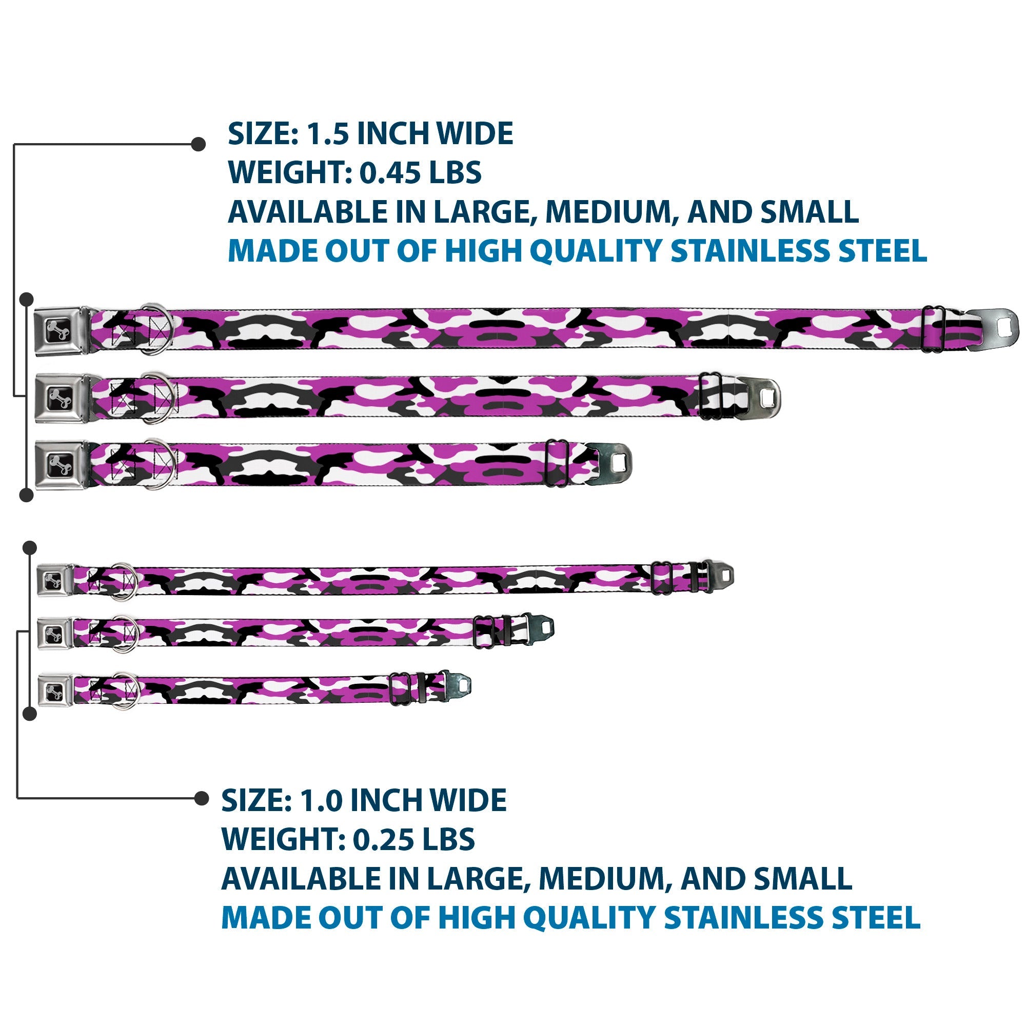 Dog Bone Black/Silver Seatbelt Buckle Collar - Camo Purple/Black/Gray/White