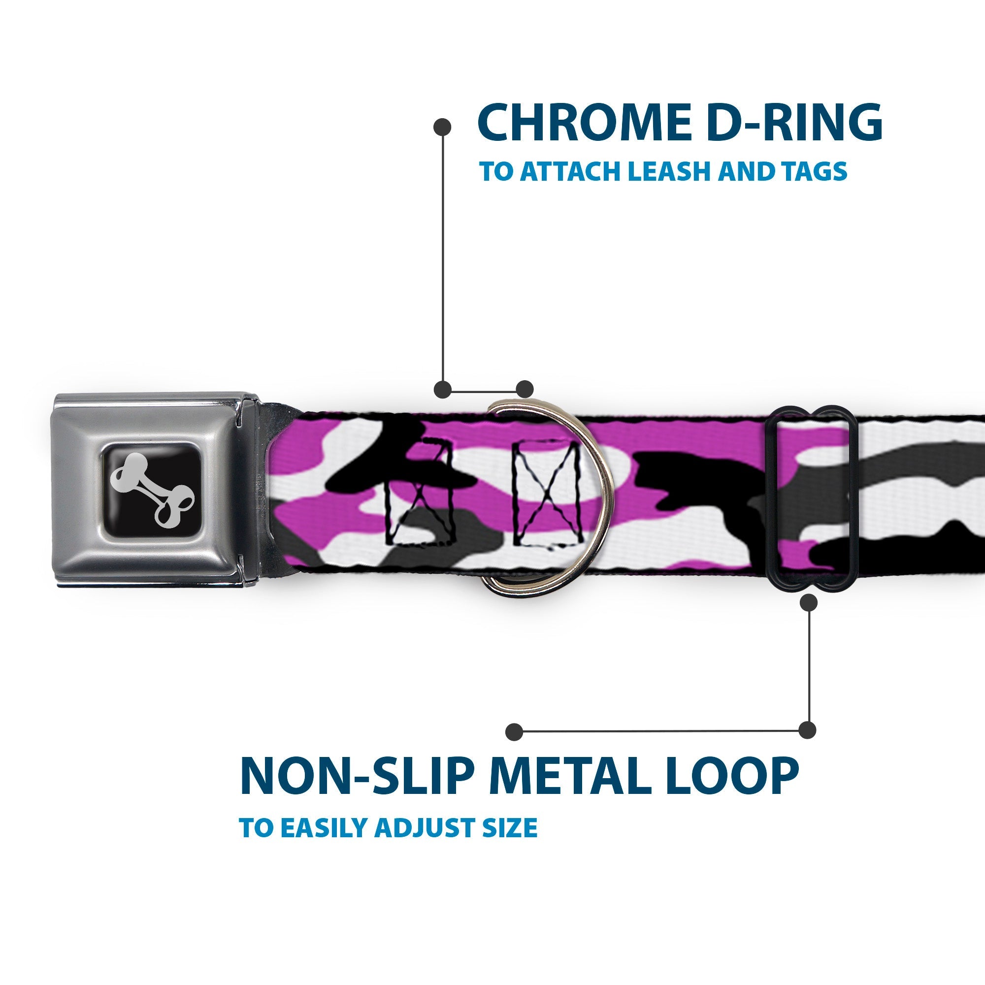 Dog Bone Black/Silver Seatbelt Buckle Collar - Camo Purple/Black/Gray/White