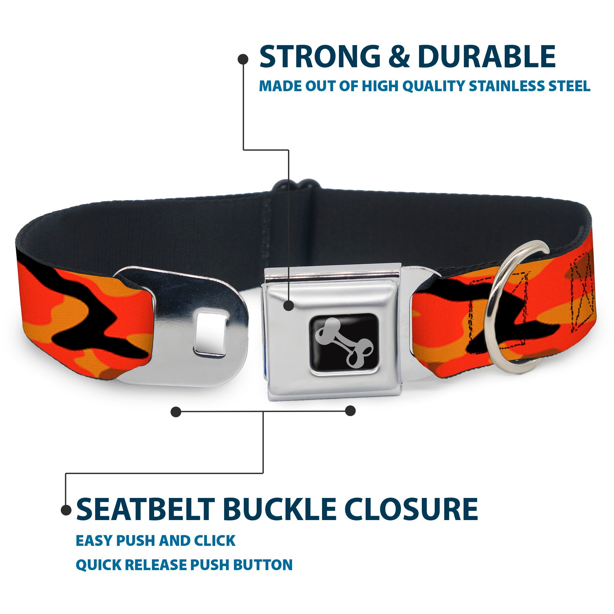 Dog Bone Black/Silver Seatbelt Buckle Collar - Camo Oranges/Black