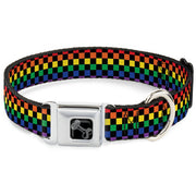 Dog Bone Black/Silver Seatbelt Buckle Collar - Checker Black/Rainbow Multi Color