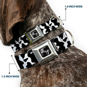 Dog Bone Black/Silver Seatbelt Buckle Collar - Cow Pattern Print White/Black