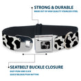 Load image into Gallery viewer, Dog Bone Black/Silver Seatbelt Buckle Collar - Cow Pattern Print White/Black
