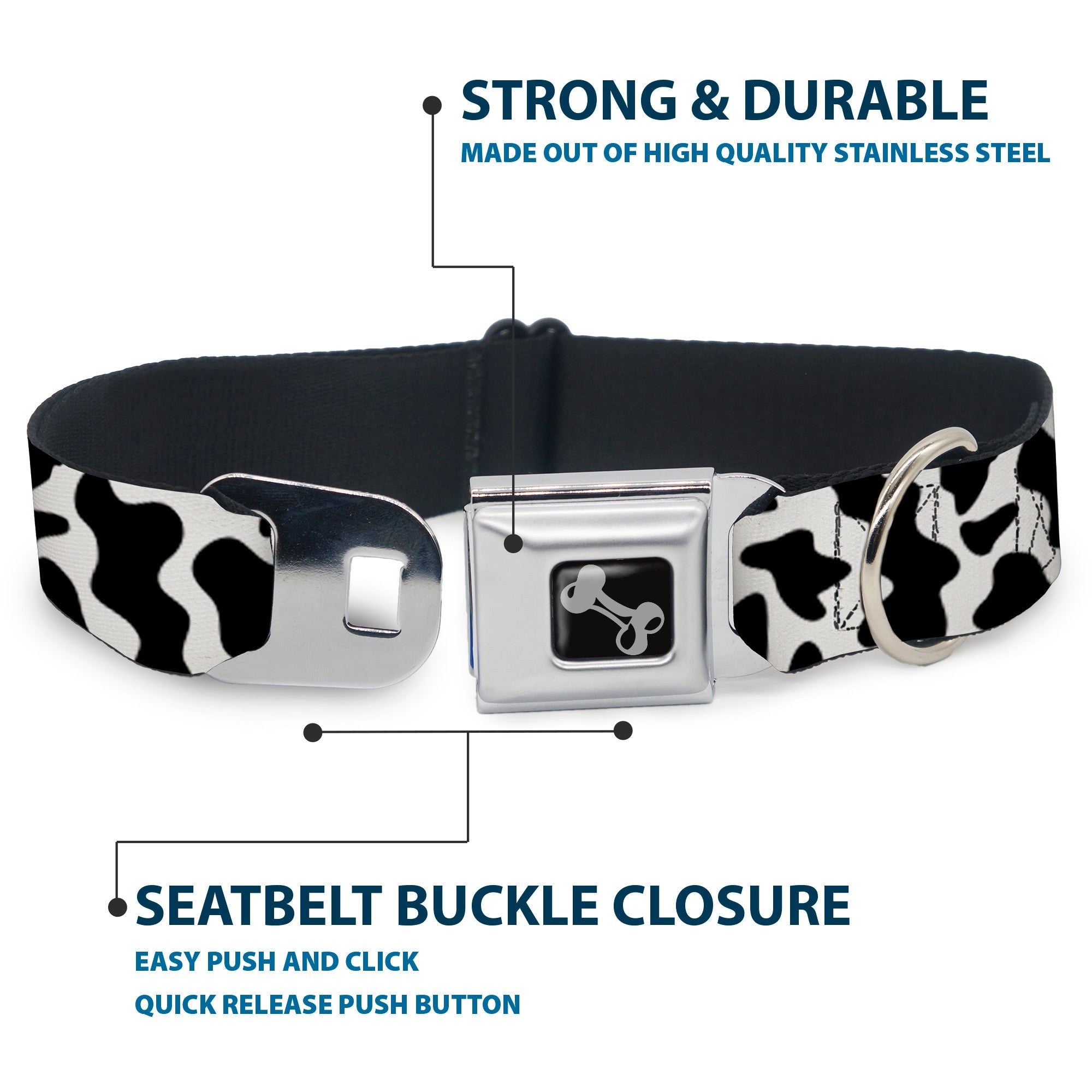 Dog Bone Black/Silver Seatbelt Buckle Collar - Cow Pattern Print White/Black