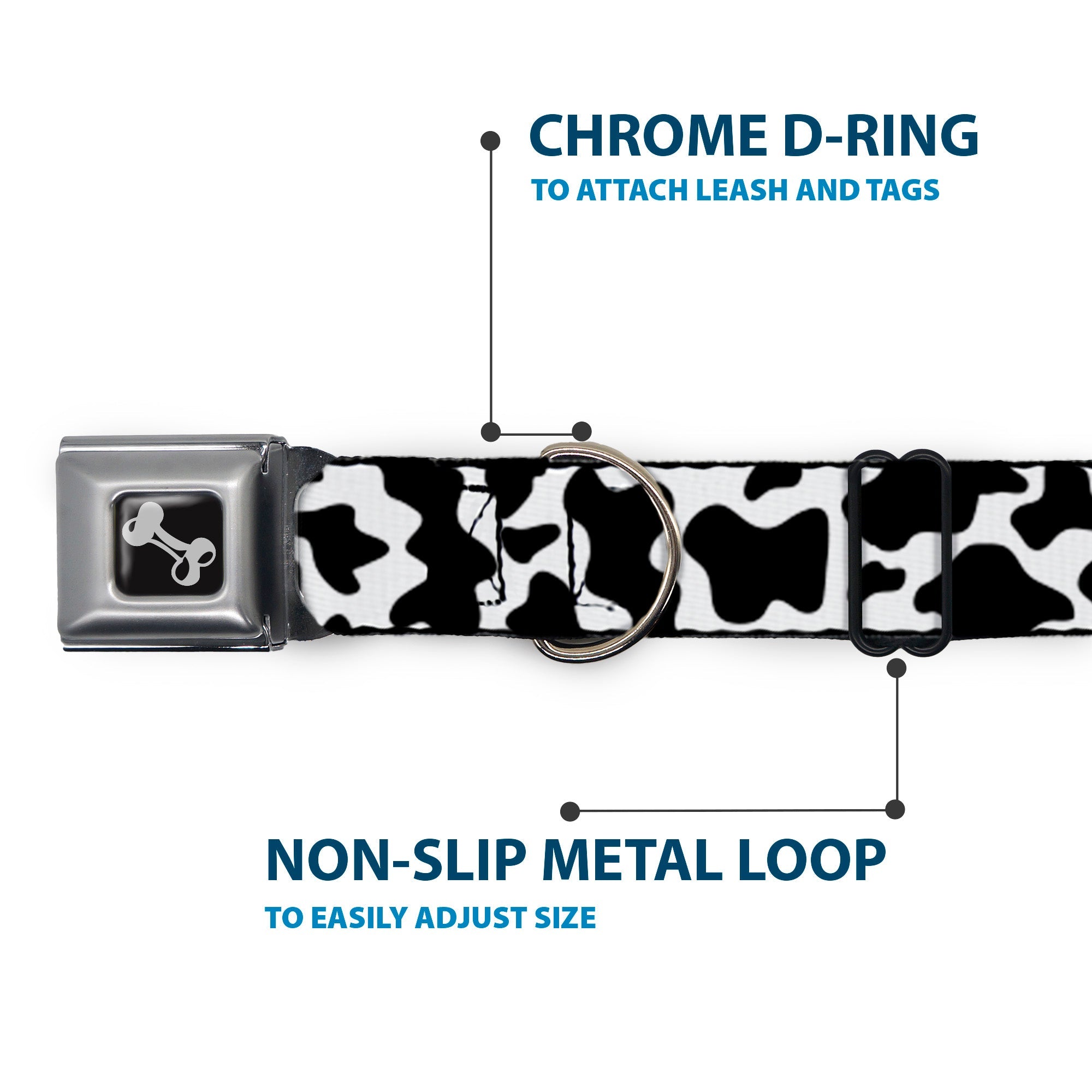 Dog Bone Black/Silver Seatbelt Buckle Collar - Cow Pattern Print White/Black
