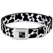 Dog Bone Black/Silver Seatbelt Buckle Collar - Cow Pattern Print White/Black