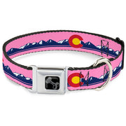 Dog Bone Black/Silver Seatbelt Buckle Collar - Colorado Flag Icon Mountain Skyline Pink/Blue/White