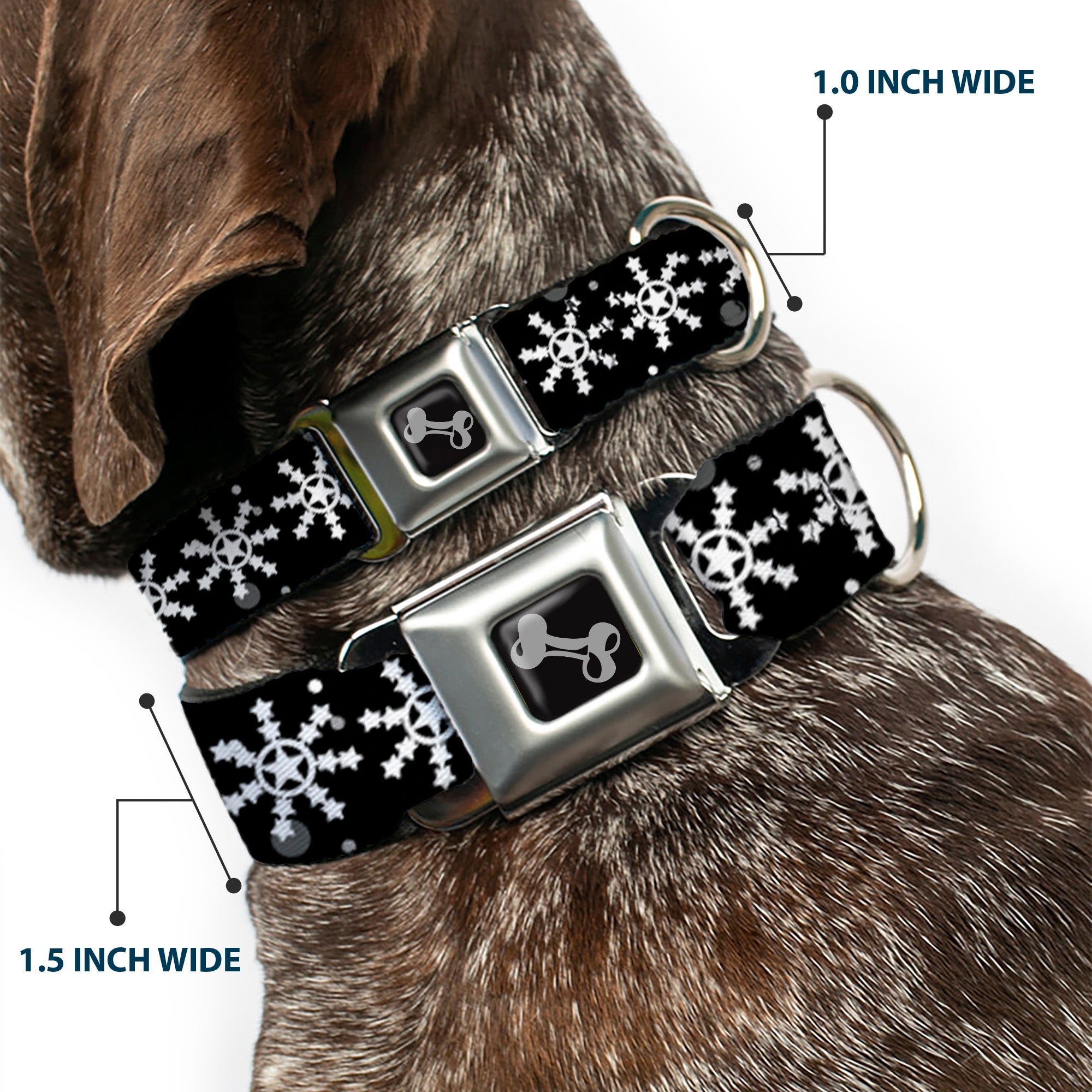 Dog Bone Black/Silver Seatbelt Buckle Collar - Starry Snowflakes Black/White/Gray